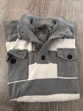 Inc Men's Gray & Cream Striped Button-Up Collar Sweater